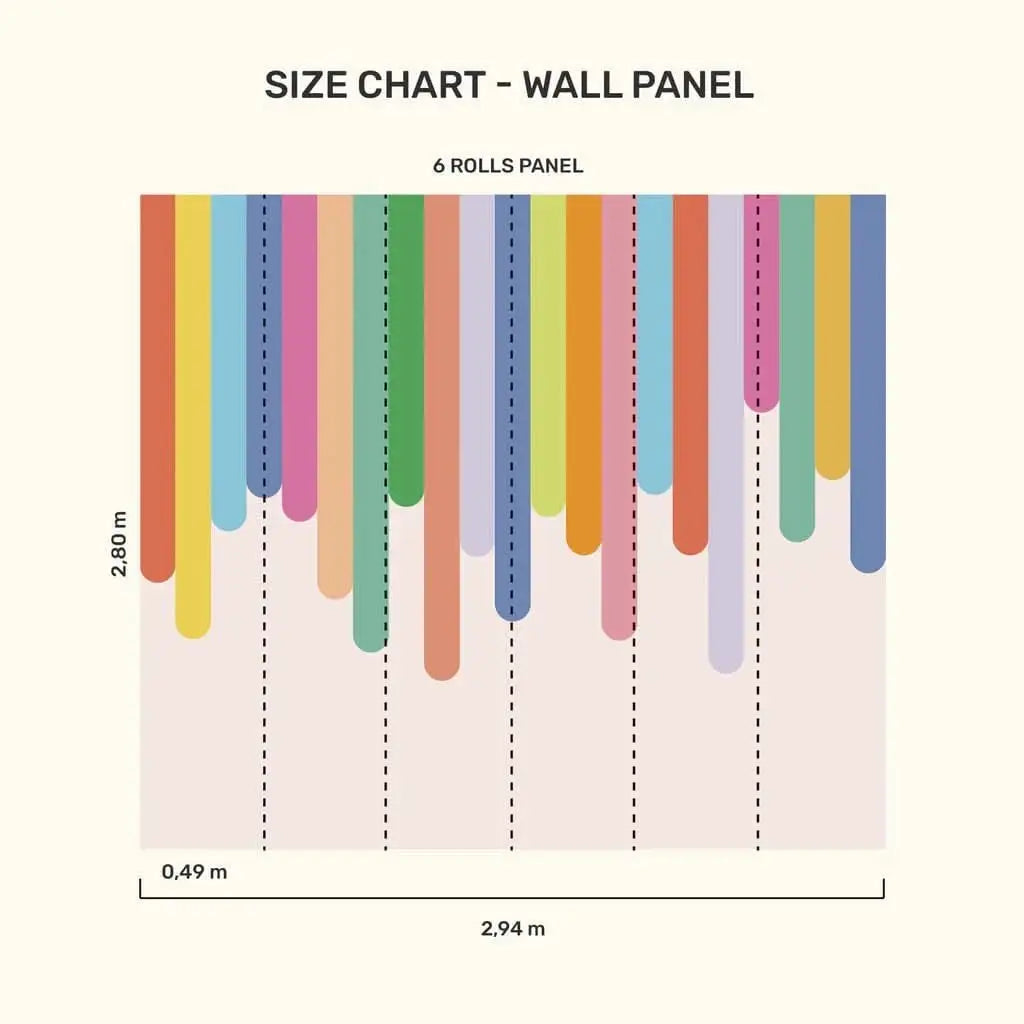 Size chart for MOOUI ice cream wallpaper for playroom showing colorful vertical stripes