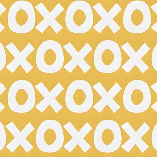 Sur La Mur Montessori playroom wallpaper with a playful yellow and white XOXO pattern