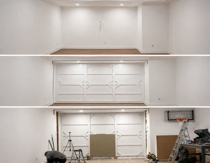 Collage of a room with white walls and wooden floor, showing different angles.