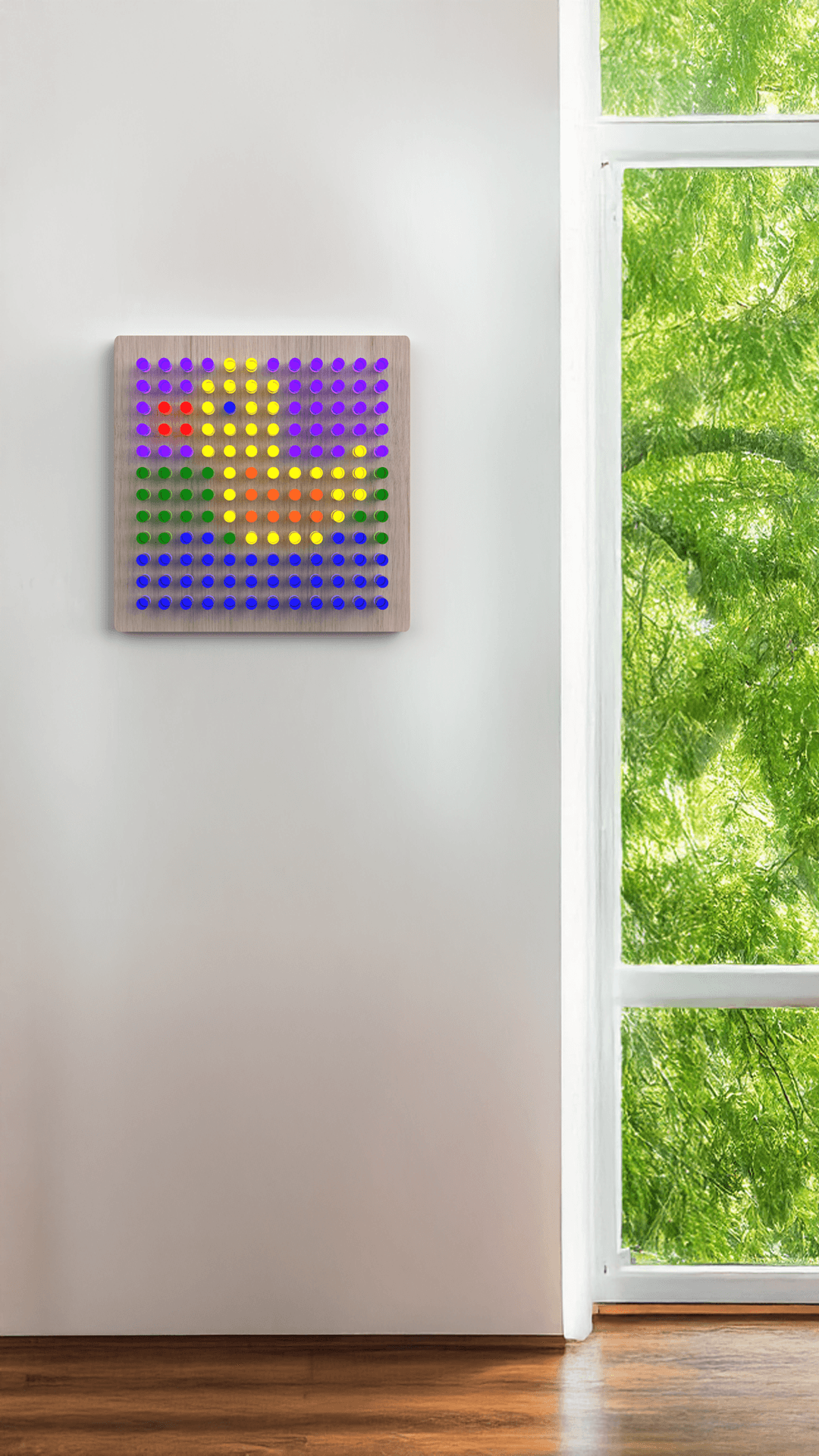 Colorful design created on a Mini Lite-Brite board for kids, brightening up a modern room