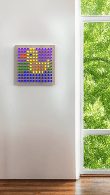 Colorful design created on a Mini Lite-Brite board for kids, brightening up a modern room