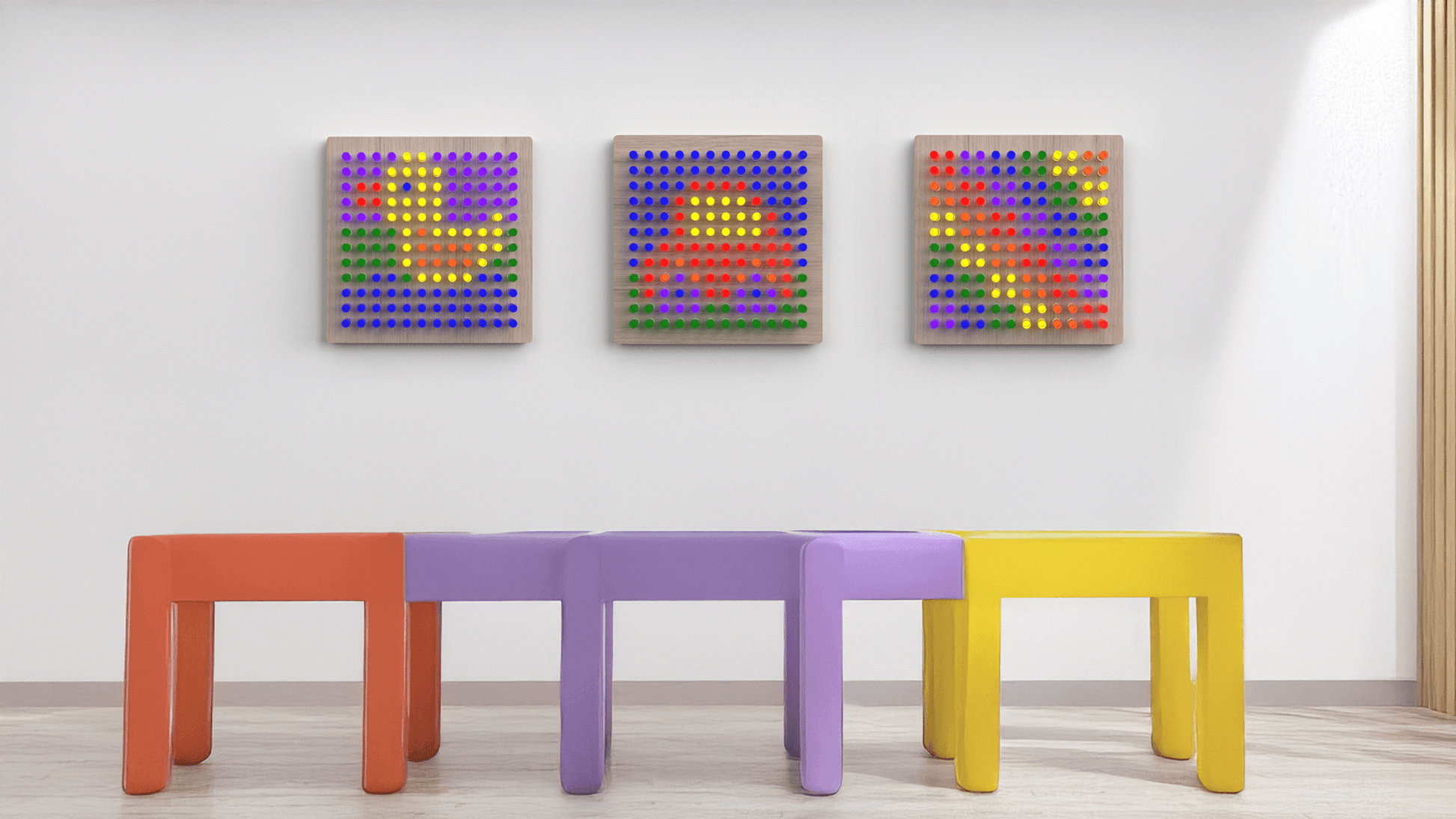 Colorful Mini Lite-Brite board for kids displayed on a wall in a playful learning environment