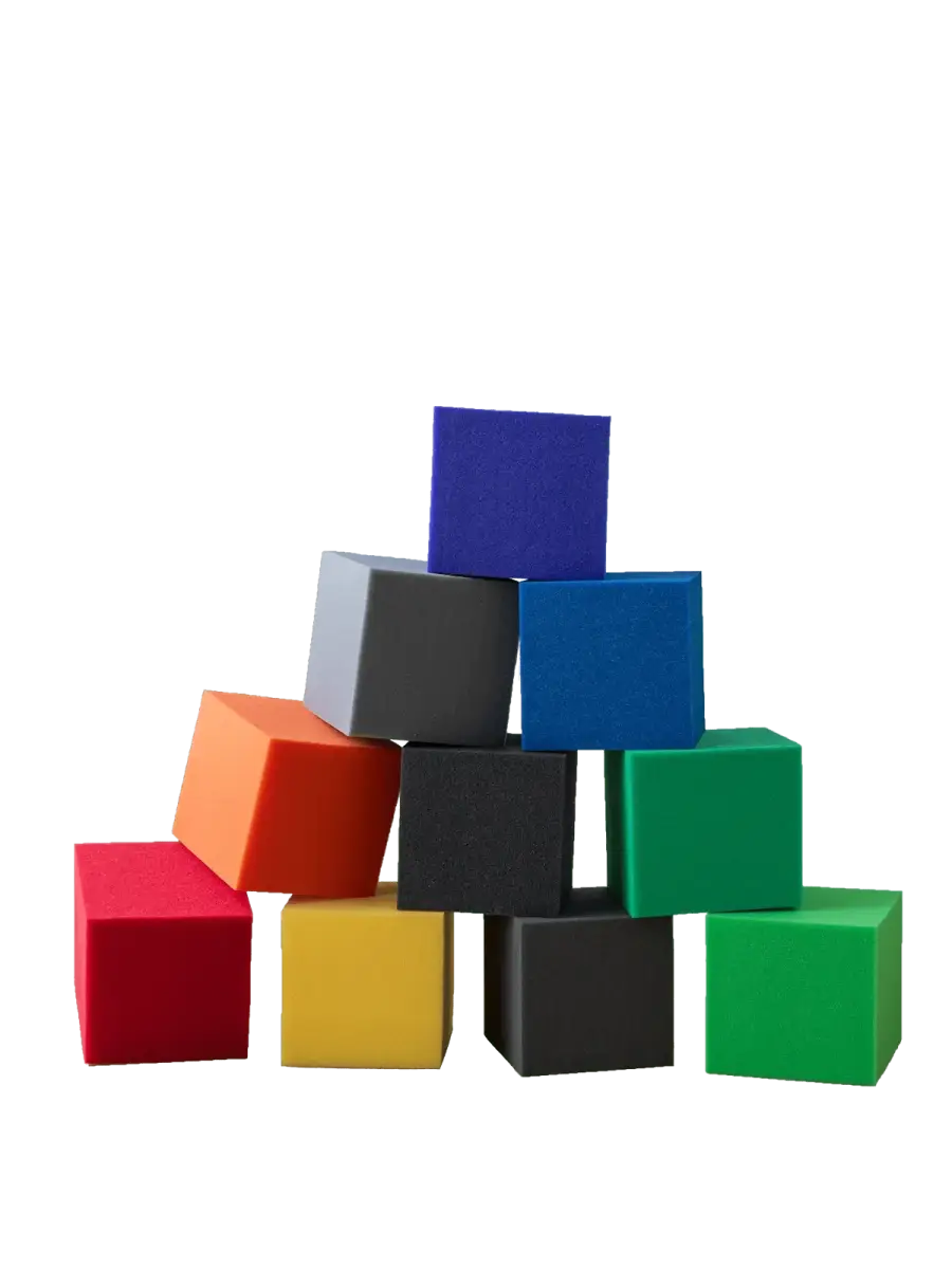 Colorful Envirolite Montessori foam cubes stacked in a playful pyramid shape