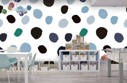 Montessori inspired wallpaper featuring colorful dots in a playful design for kids' spaces