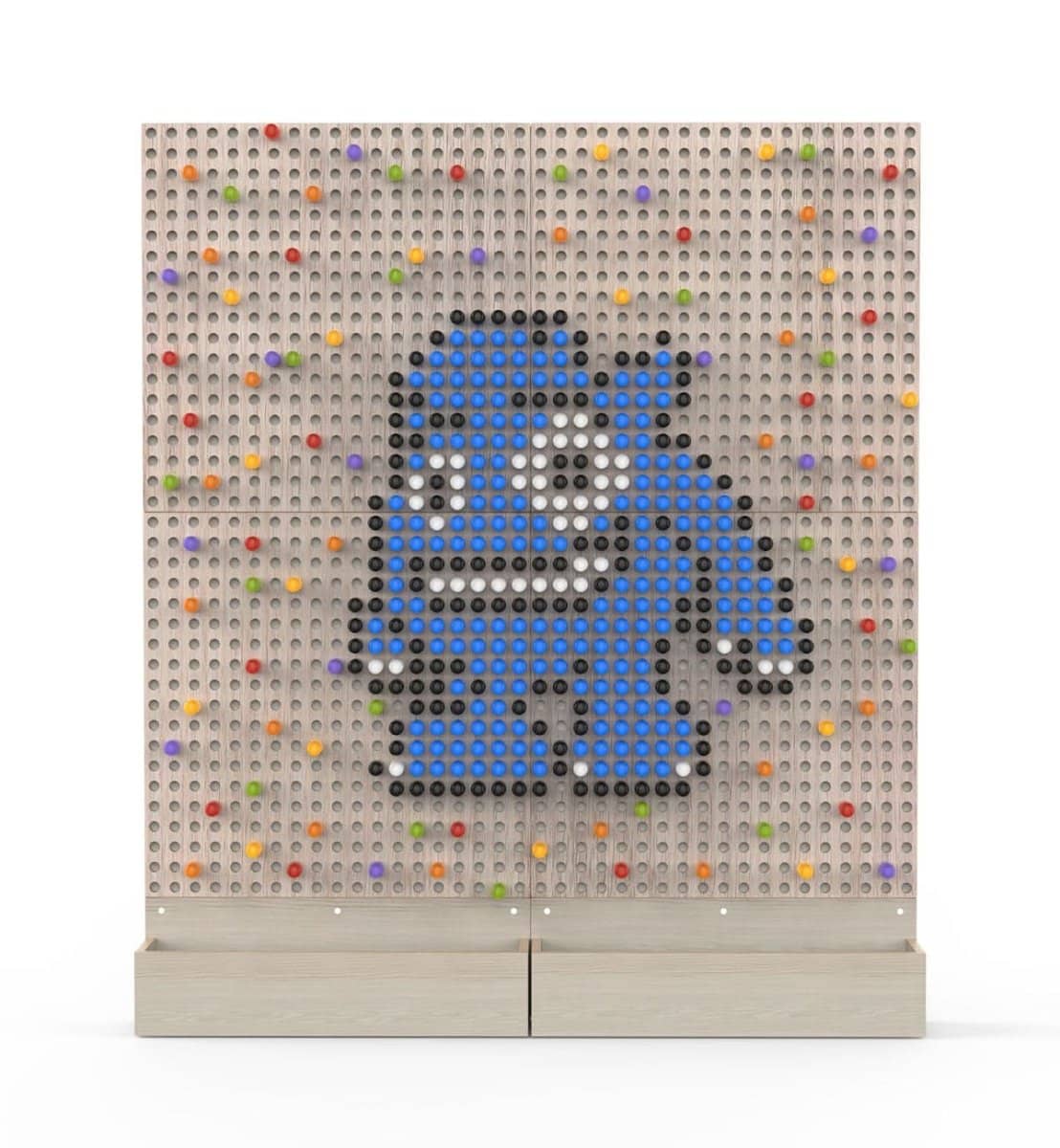 Montessori pegboard for kids with colorful pegs forming a playful monster design