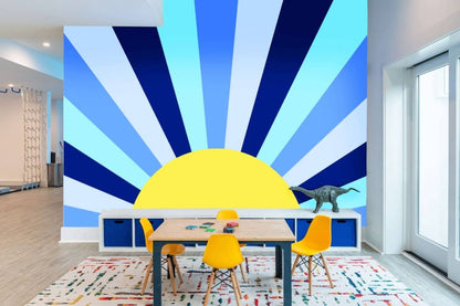 Montessori playroom wallpaper featuring a vibrant sun and rays design, ideal for children's spaces