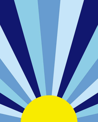 Sur La Mur Montessori playroom wallpaper with colorful sun and radiating stripes in blue shades