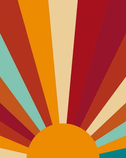 Montessori playroom wallpaper featuring vibrant sunburst design with warm colors for playful decor
