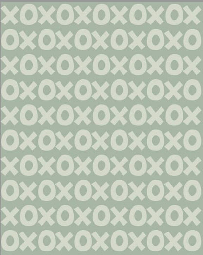 Montessori playroom wallpaper featuring a playful pattern of Xs and Os in soft green hues
