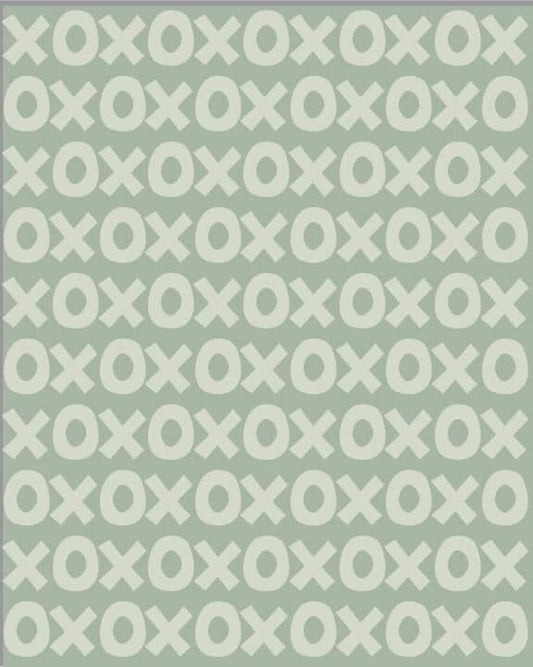 Montessori playroom wallpaper featuring a playful pattern of Xs and Os in soft green hues