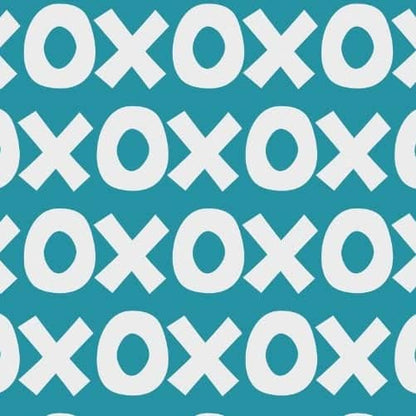Montessori playroom wallpaper featuring a playful pattern of X and O shapes in teal and white