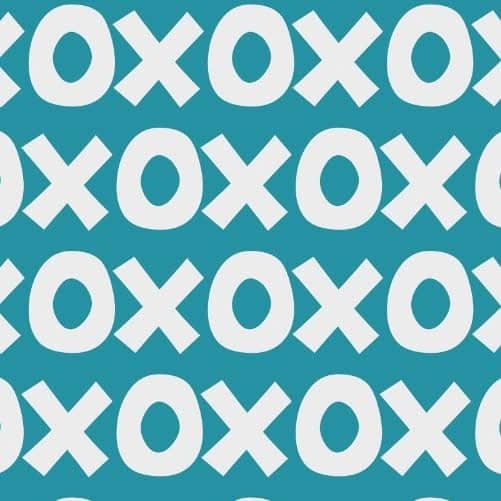 Montessori playroom wallpaper featuring a playful pattern of X and O shapes in teal and white