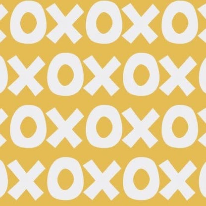 Sur La Mur Montessori playroom wallpaper with a playful yellow and white XOXO pattern