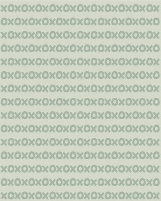 Sur La Mur Montessori wallpaper for playroom featuring a playful green and white pattern of Xs and Os