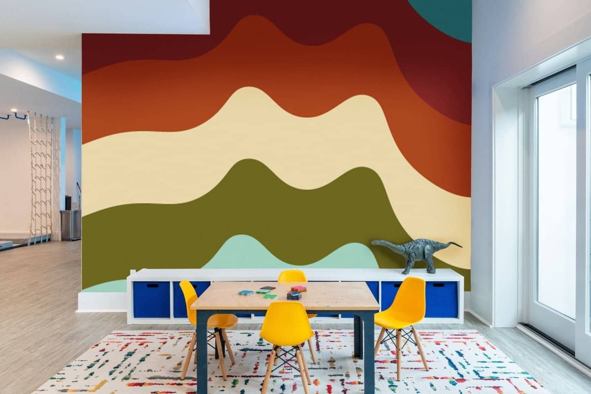 Modern Montessori wallpaper for playrooms featuring vibrant wavy patterns in earthy tones