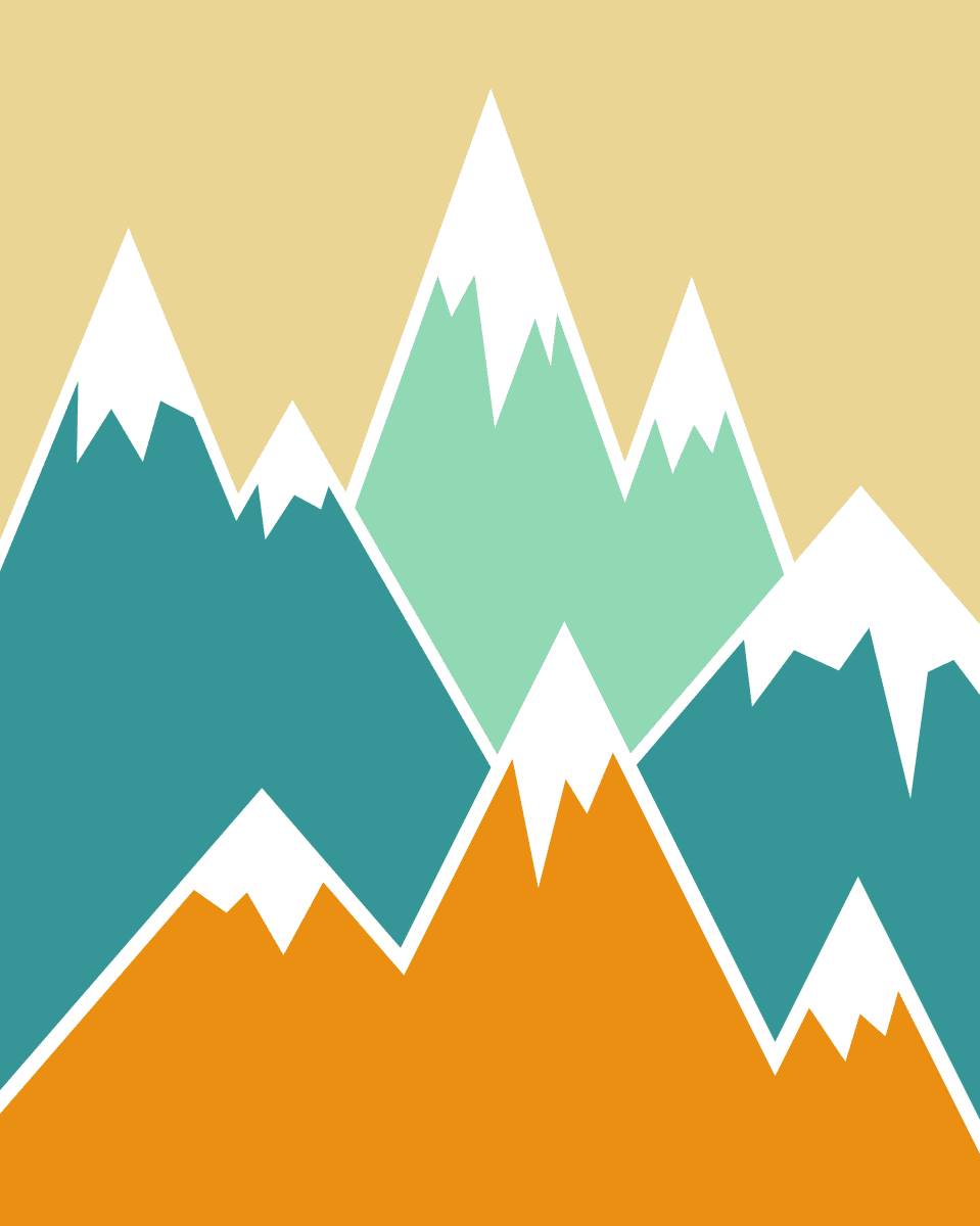 Colorful mountain playroom wallpaper by Sur La Mur featuring peaks in teal, mint, and orange