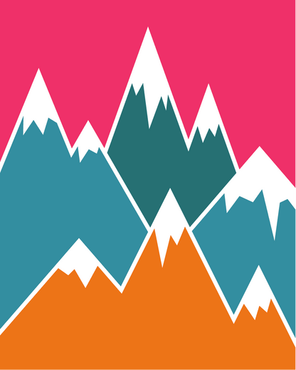 Colorful mountain playroom wallpaper with vibrant pink background and abstract mountain peaks