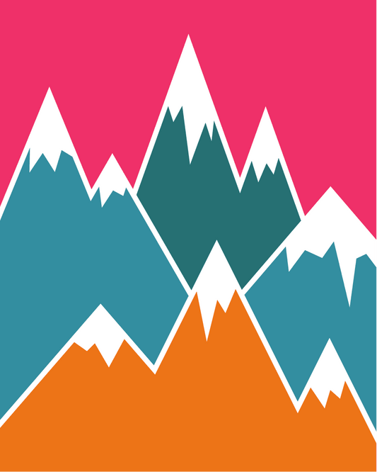 Colorful mountain playroom wallpaper with vibrant pink background and abstract mountain peaks