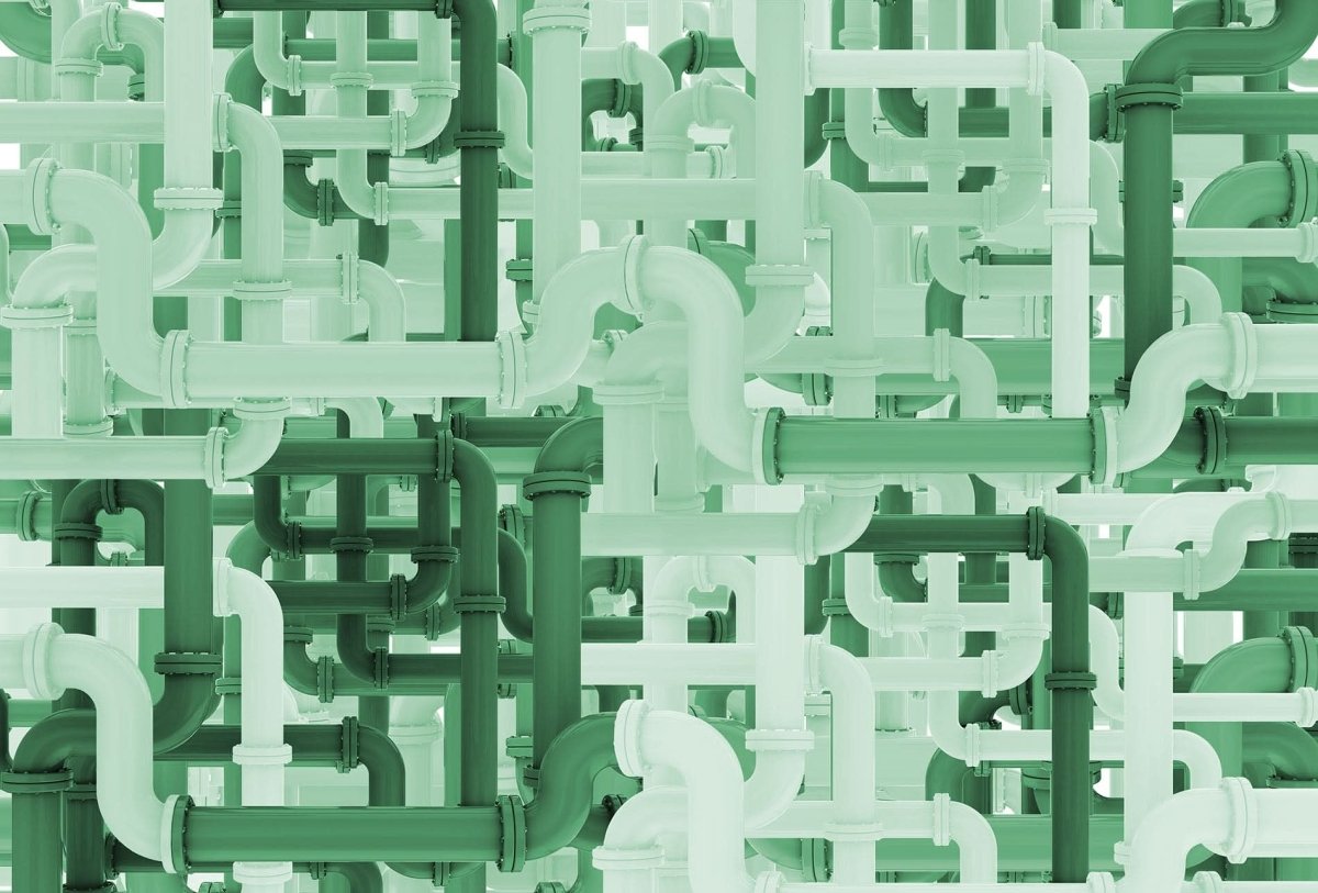 Pipeline wallpaper for playrooms featuring interconnected green pipes in a modern design