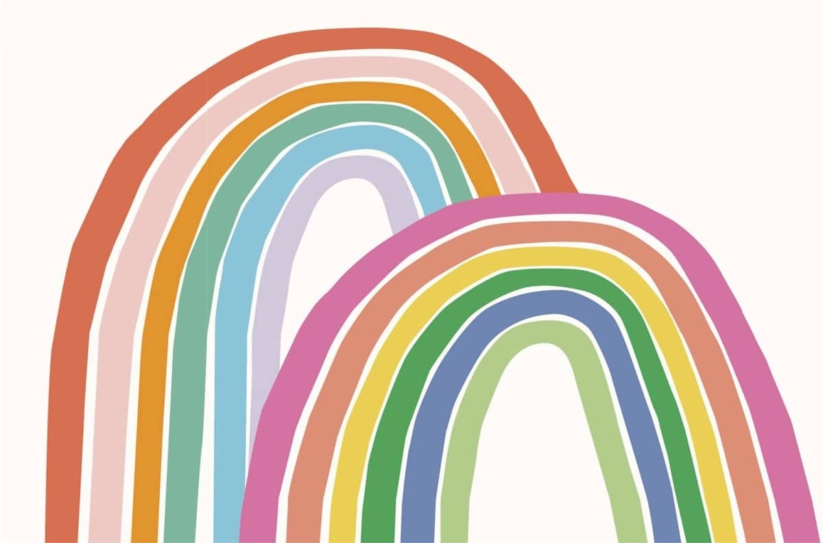 MOOUI rainbow wallpaper for playroom featuring vibrant, colorful rainbow arches in a playful design