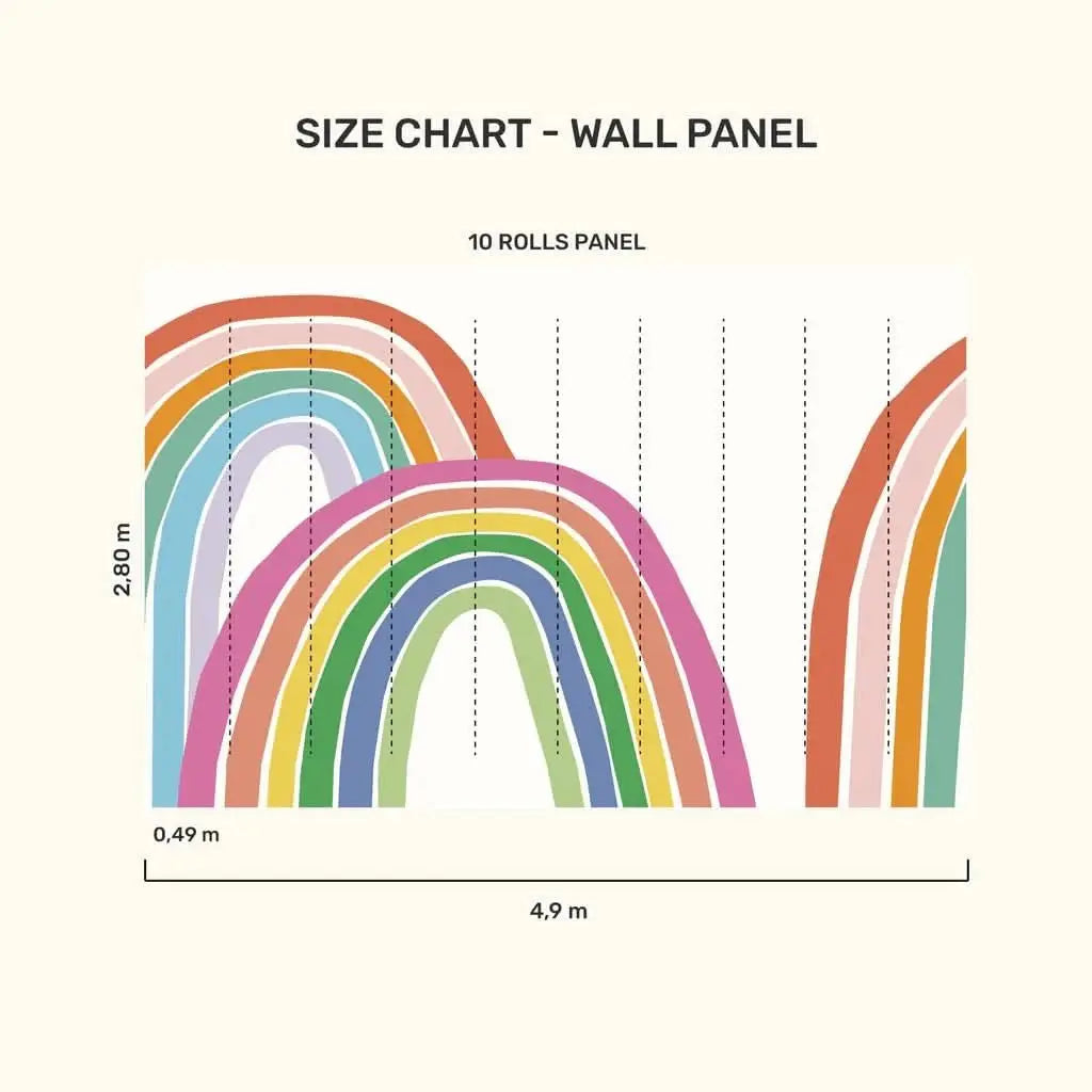 Size chart for MOOUI rainbow wallpaper for playroom featuring colorful arch designs