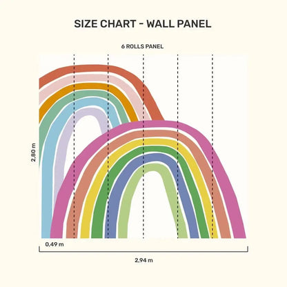Size chart for MOOUI rainbow wallpaper for playroom featuring colorful arch designs