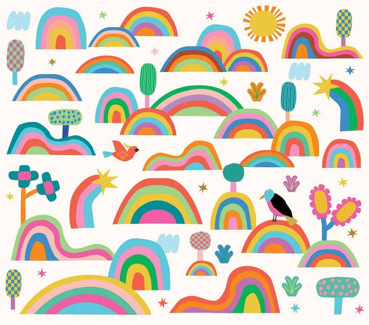 Colorful rainbow wallpaper for playroom featuring vibrant hills, trees, and playful designs