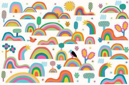 Colorful MOOUI rainbow wallpaper for playroom featuring whimsical trees and playful designs
