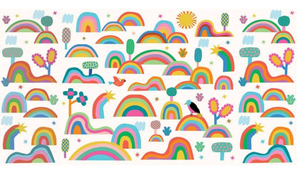 MOOUI rainbow wallpaper for playroom with colorful hills, trees, and playful designs