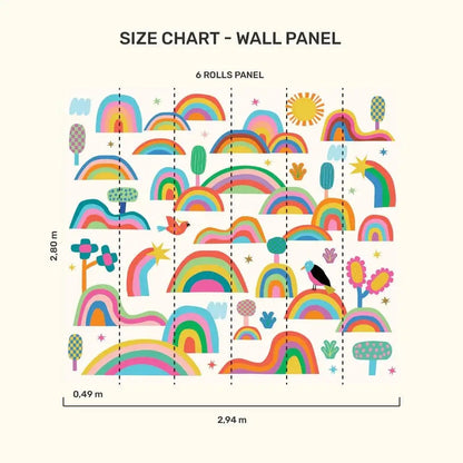 Size chart for MOOUI rainbow wallpaper for playroom featuring colorful rainbows and playful designs