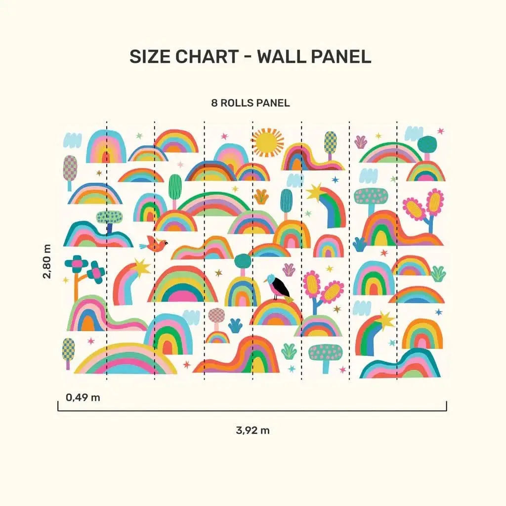 Size chart for MOOUI rainbow wallpaper for playroom featuring colorful designs and dimensions