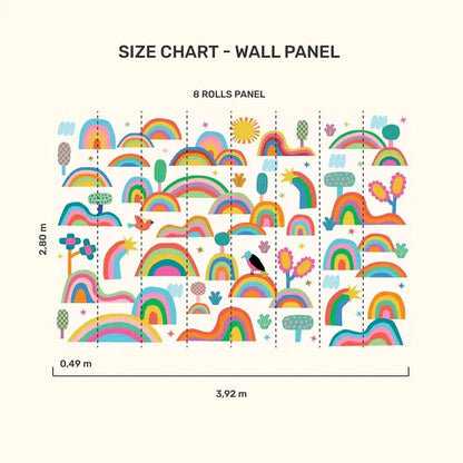 Size chart for MOOUI rainbow wallpaper for playroom featuring colorful designs and dimensions