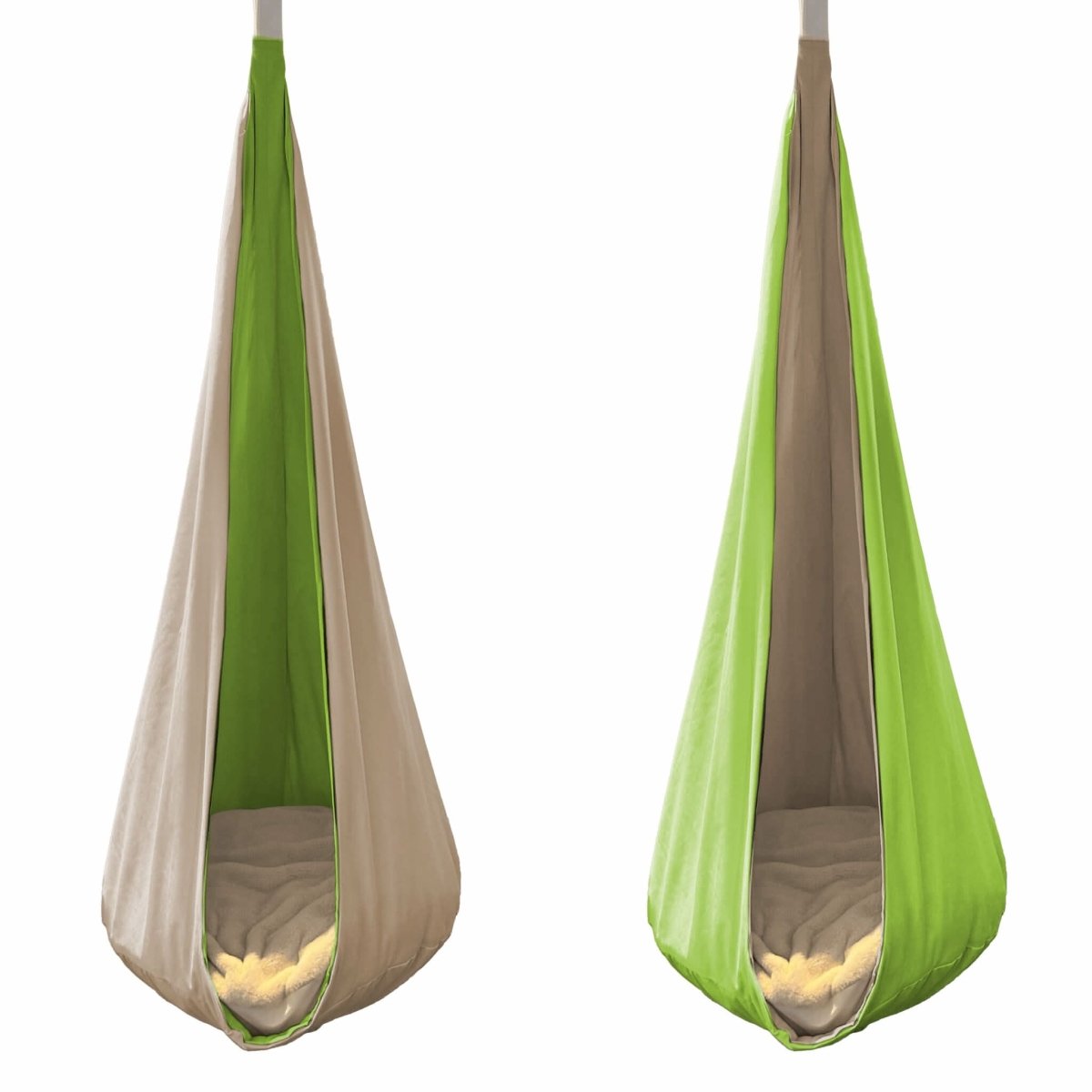 Reversible hanging cocoon swing for kids in beige and green with soft interior for comfort