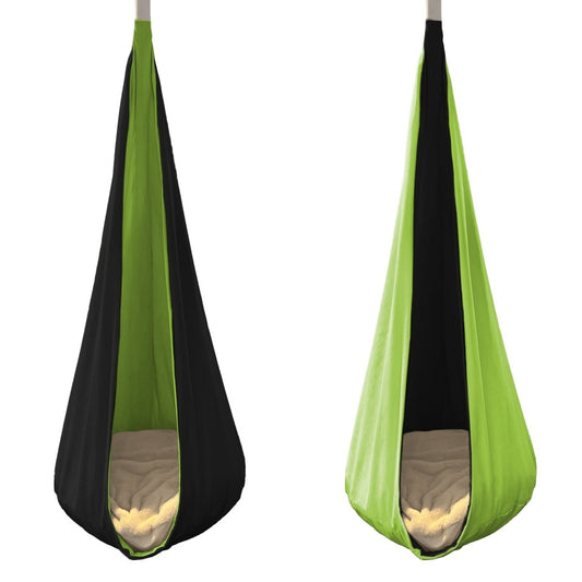 Reversible hanging cocoon swing for kids in green and black colors, perfect for indoor and outdoor use