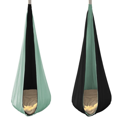 Reversible hanging cocoon swing for kids in mint and black colors for cozy indoor relaxation