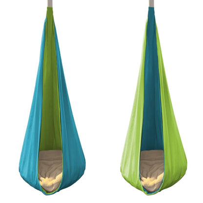 Reversible hanging cocoon swing for kids in blue and green colors, perfect for relaxation and play.