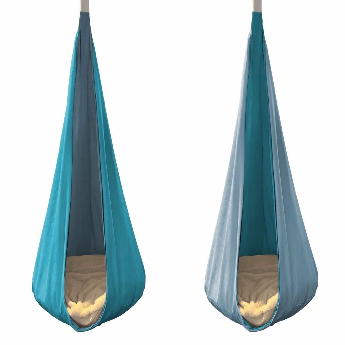 Reversible hanging cocoon swing for kids in teal and light blue, perfect for indoor play and relaxation
