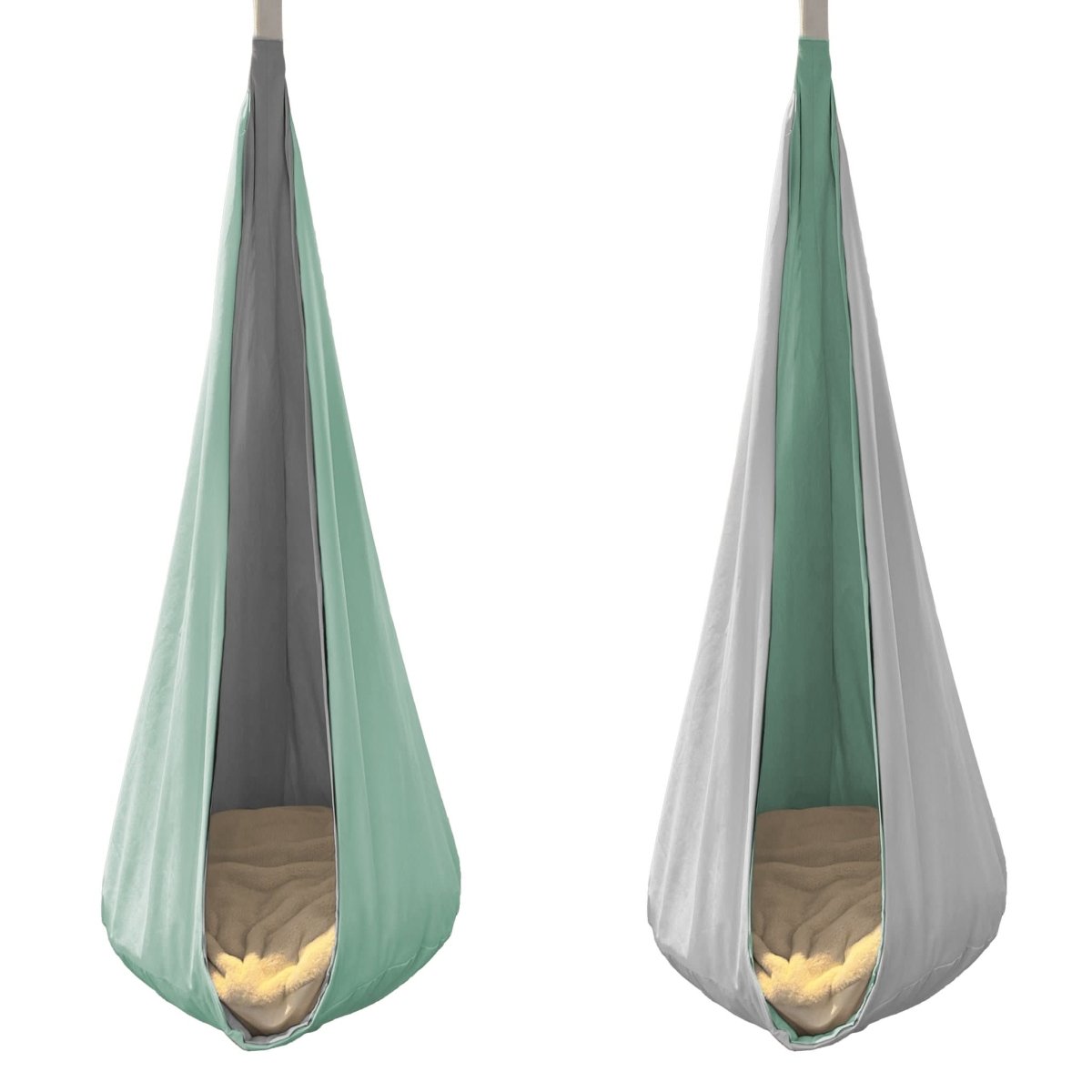 Reversible hanging cocoon swing for kids in mint green and grey, perfect for indoor relaxation
