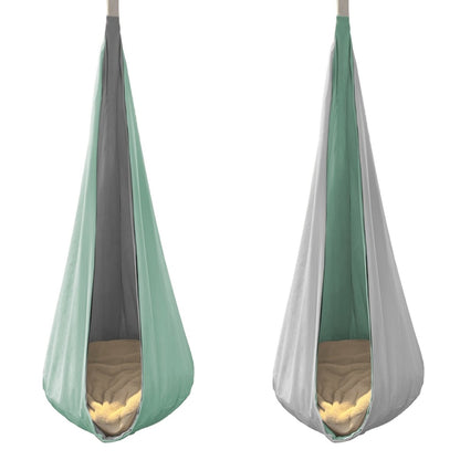 Reversible hanging cocoon swing for kids in mint green and grey, perfect for indoor relaxation