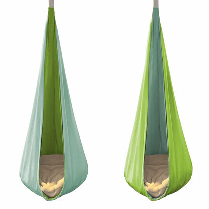 Reversible hanging cocoon swing for kids in green and blue colors for indoor play and relaxation