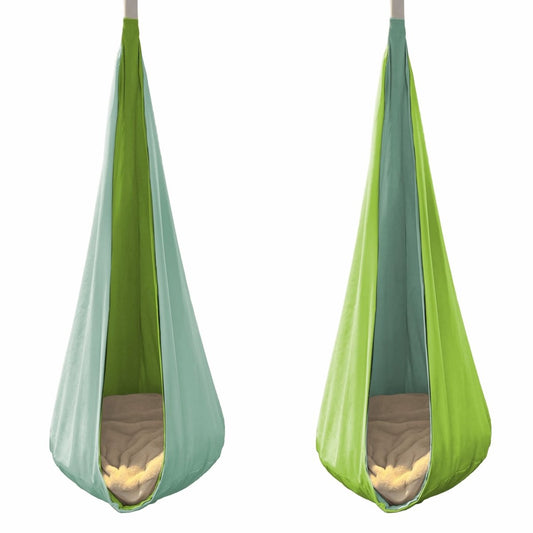 Reversible hanging cocoon swing for kids in green and blue colors for indoor play and relaxation