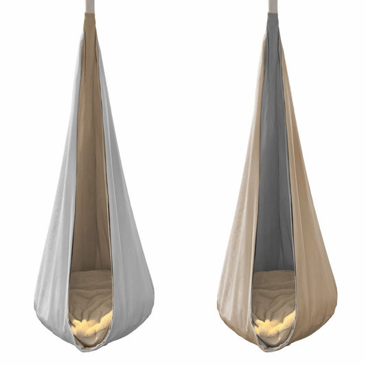 Reversible hanging cocoon swing for kids in gray and beige colors with soft cushioned interior