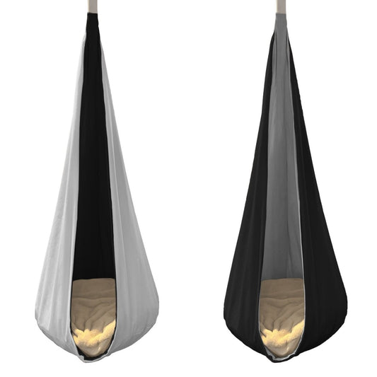 Reversible hanging cocoon swing for kids featuring two color options, gray and black, for versatile playtime.