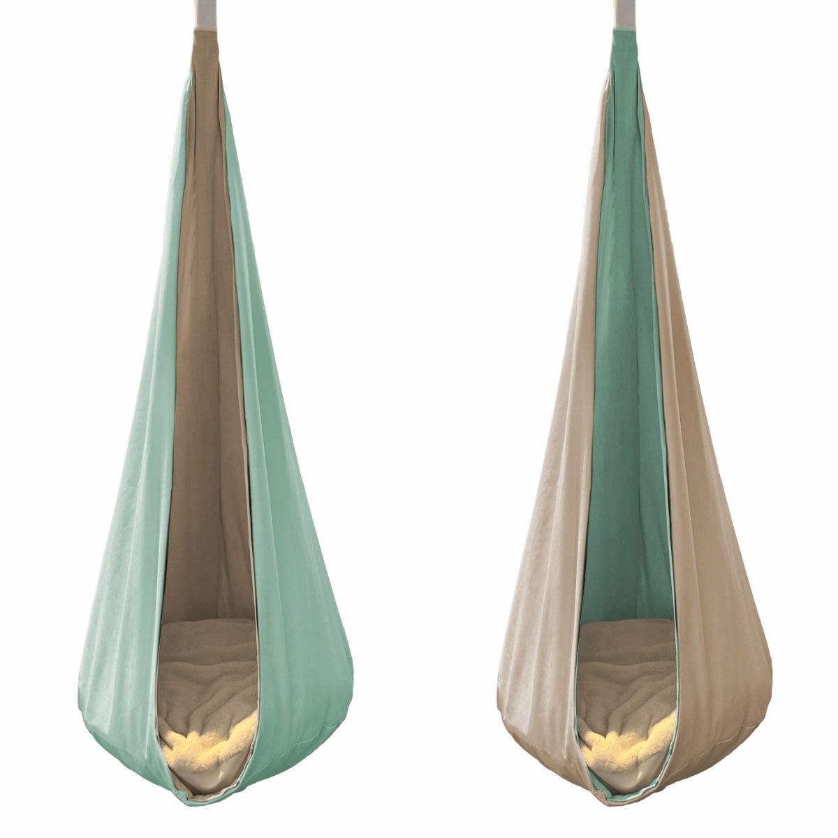 Reversible hanging cocoon swing for kids in mint and tan colors, perfect for indoor play and relaxation