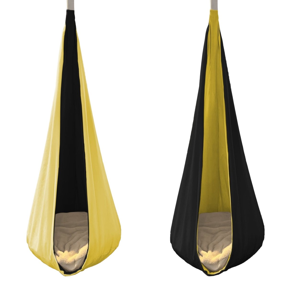 Reversible hanging cocoon swing for kids in yellow and black colors for indoor and outdoor fun
