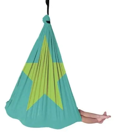 SAVOIZ sensory swing for kids in teal with a green star design, providing a cozy and fun space for playtime