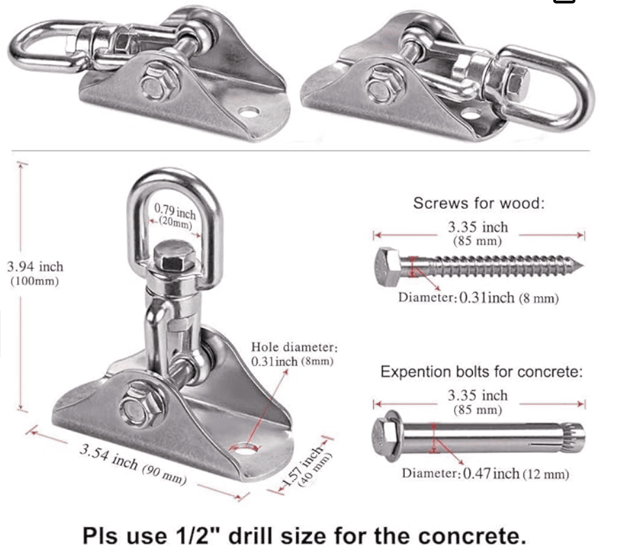 Stainless steel hardware kit for mounting a sensory swing for kids with various attachment options
