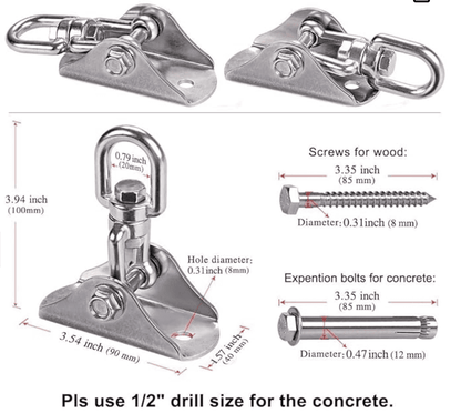 Stainless steel hardware kit for mounting a sensory swing for kids with various attachment options