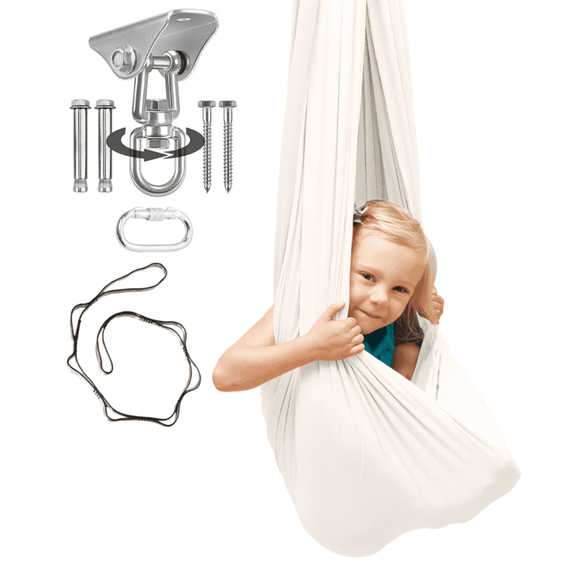 SAVOIZ sensory swing for kids with installation hardware and a child enjoying the swing