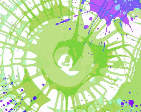 Colorful spin art wallpaper for kids featuring vibrant green and purple splashes on a white background